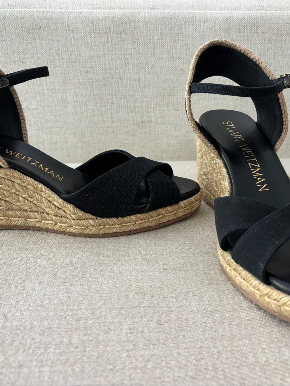 Stuart Weitzman Black Espadrille Ankle-Strap Wedges